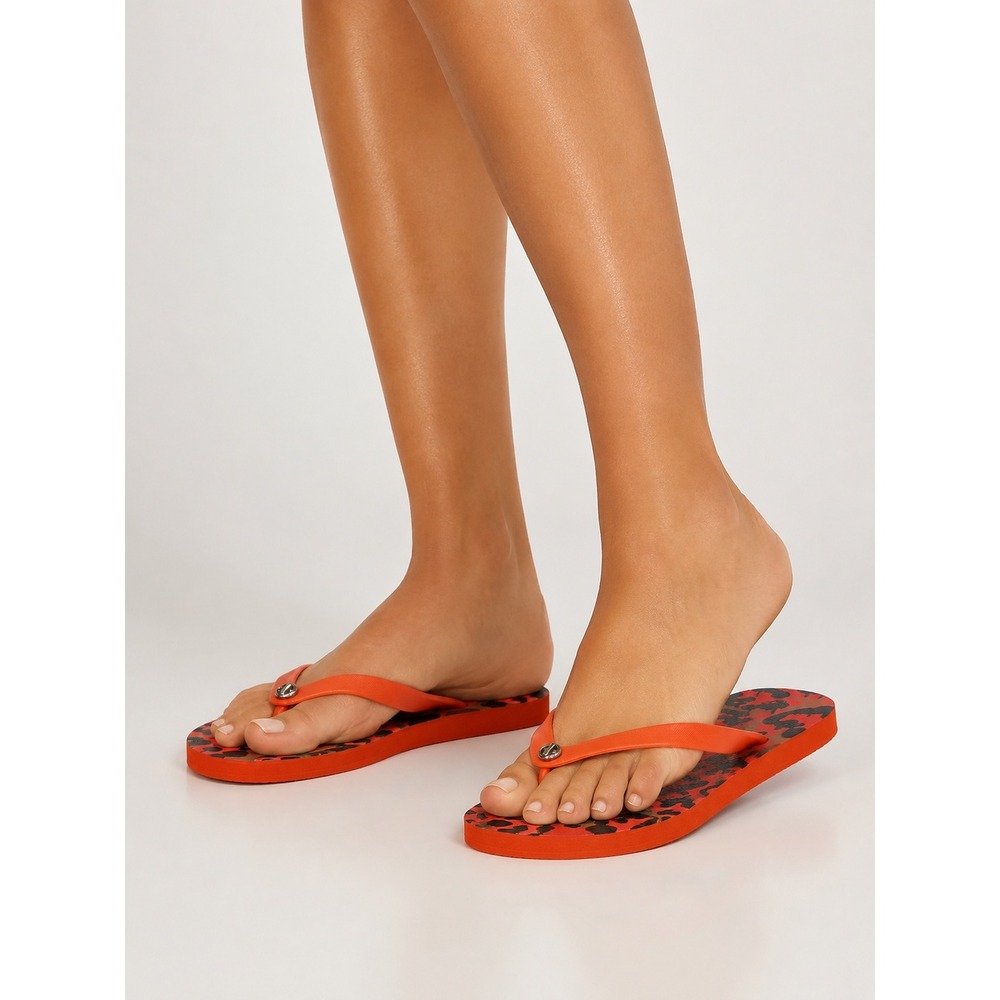 Coach Leopard Flip Flops Orange Red Black Turnlock Sandals 7 8